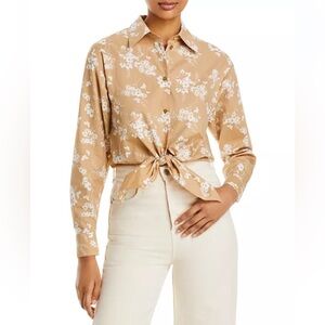 Michael Kors Floral Print Button Front Cropped Tie Shirt Size S Small Tan White
